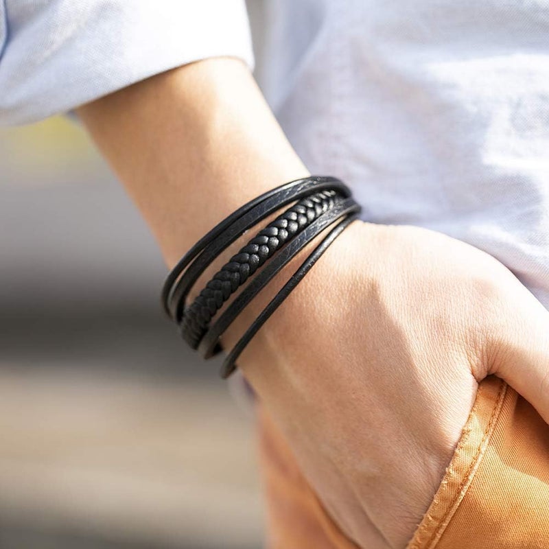 Murtoo Mens Leather Bracelet with Clasp Cowhide Multi-Layer Braided Leather Mens Bracelet - Image 5